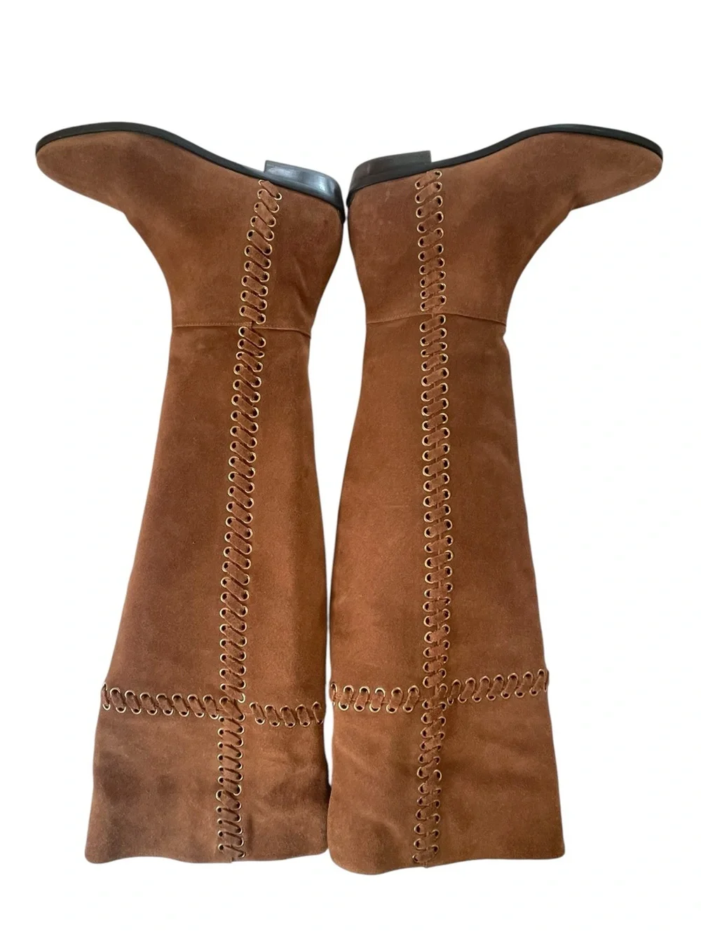 Michael Kors Malin Over The Knee Suede Boots Brown Whipstitch Gold Grommet 7.5
